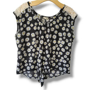 Eyeshadow women's black Daisies flowers lace shoulders tie front Blouse  - large